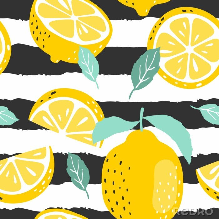 Tapete Zitronenfrucht auf schwarz-weiß gestreiftem Hintergrund