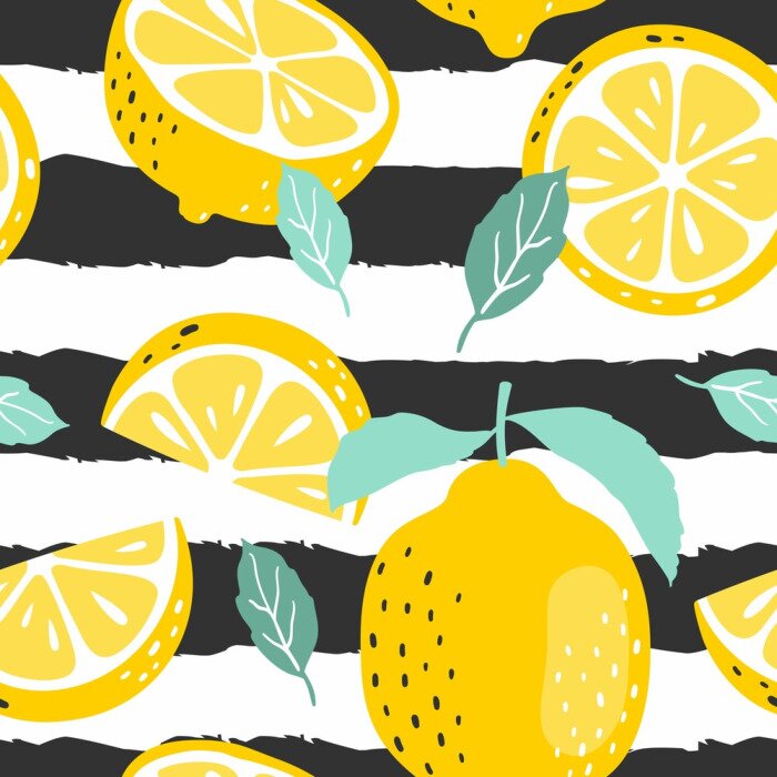 Tapete Zitronenfrucht auf schwarz-weiß gestreiftem Hintergrund