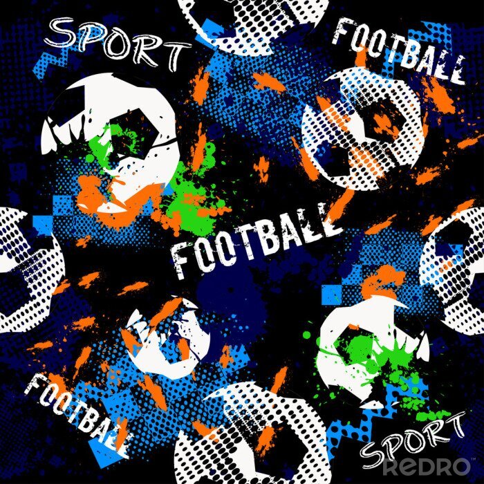 Tapete Zusammenfassung nahtlose Muster für Jungen. Fußballmuster Grunge städtischen Muster mit Fußball Ball. Sport Tapete auf schwarzem Hintergrund mit mehrfarbigen Flecken. Wiederholtes Sportmuster