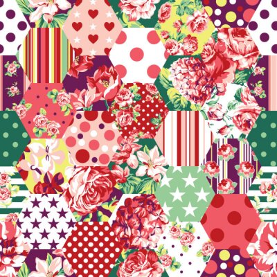 Tapete Zusammenfassung Patchwork mit Blumen, Rosen, Punkte und Sterne Vektor nahtlose Muster Hintergrund