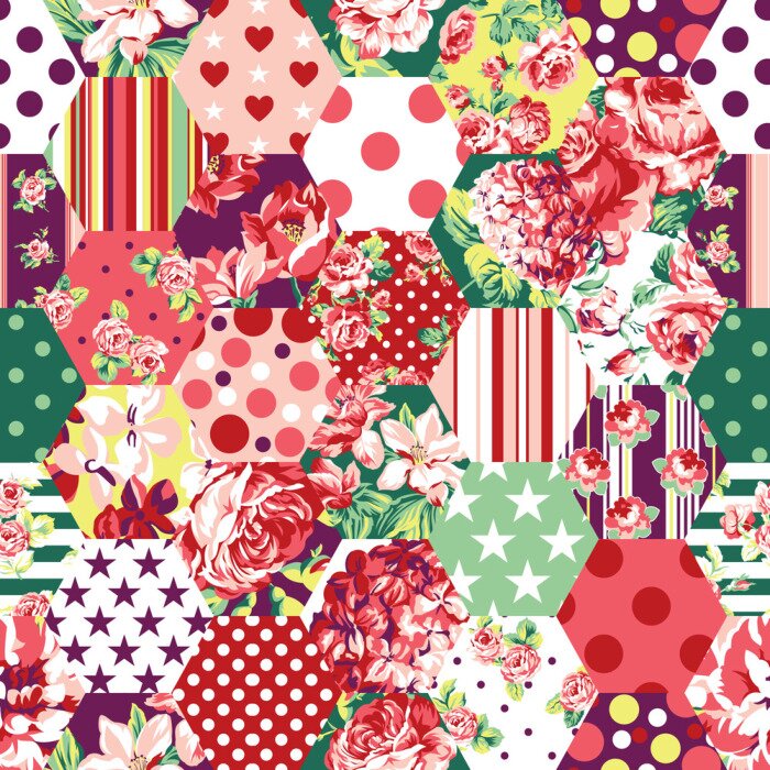Tapete Zusammenfassung Patchwork mit Blumen, Rosen, Punkte und Sterne Vektor nahtlose Muster Hintergrund