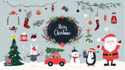 Weihnachten Christmas collection of seasonal elements with Santa and snowman, hand drawn items, vector design