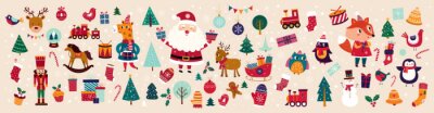 Weihnachten Christmas decorative banner with funny Santa Claus, nutcracker, locomotive and gift boxes and many others.