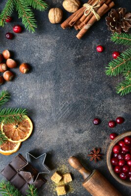 Weihnachten Culinary background with christmas winter spices and ingredients for baking. Top view with copy space.