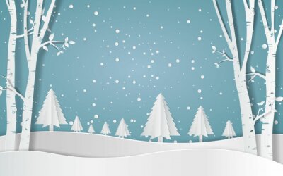 Weihnachten Merry christmas,Snow forest. pines in winter and mountain Paper vector Illustration